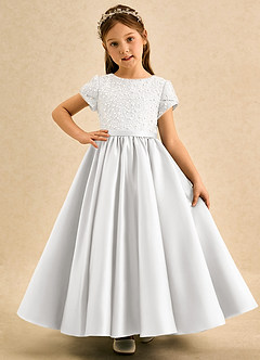 Azazie Cashew Robe Demoiselle D'honneur Fillette Robe Princesse en Mat Satiné avec manches Blanc image2