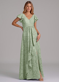 Azazie Omari 신부 들러리 드레스 A라인 주름진 플로럴 번아웃 바닥 길이 드레스 image3