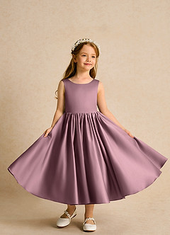 Azazie Doodlebug vestidos de niña de las flores Vestido de Malva Vintage de Satin Mate de Corte En A con Lazo image4
