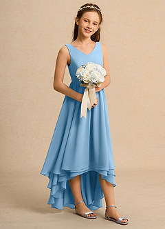 Azazie Kitten Junior Formal Jurken voor bloemenmeisjes A-Lijn Jurk van Chiffon Staal Blauw image3