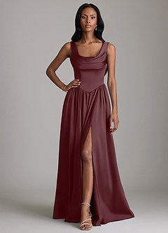 Azazie Novi Bridesmaid Dresses Sangria A-Line with Pockets Stretch Satin Dress image1