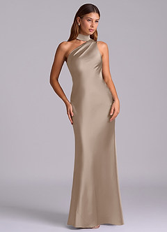 Azazie Seona Bridesmaid Dresses Taupe Mermaid One Shoulder Stretch Satin Dress image7