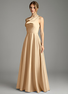 Azazie Xanthe Bridesmaid Dresses Champagne A-Line Off the Shoulder Stretch Satin Dress image4