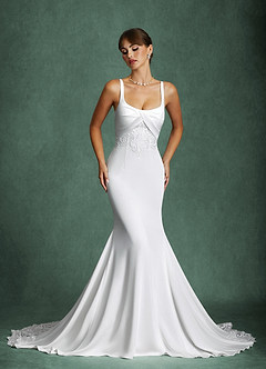 Azazie Gina Wedding Dresses Diamond White Champagne Mermaid Square Neckline Crepe Back Satin Dress image1