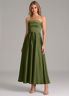 Azazie Lucienne Bridesmaid Dresses Olive A-Line Pleated Stretch Satin Dress image1