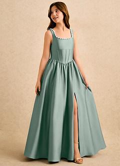 Azazie Enid Girls Formal Flower Girl Dresses Silver Sage A-Line Beaded Stretch Satin Dress image3