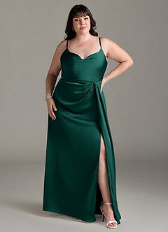 Azazie Brielle Robes de demoiselle d'honneur Robe Trapèze en Satin extensible Bretelles spaghetti émeraude image6