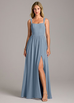 Azazie Rosaline Bridesmaid Dresses Dusty Blue A-Line Side Slit Chiffon Dress image4