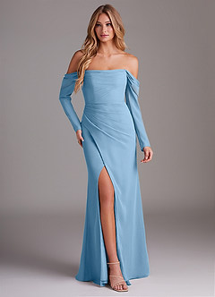 Azazie Hallie Bridesmaid Dresses Steel Blue Mermaid Long Sleeve Chiffon Dress image1