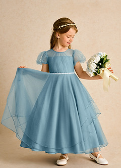 Azazie Duckie Abiti da Ragazza di Fiori Abito Principessa in Tulle Plissettato Blu Lunatico image3