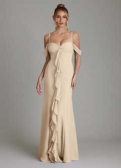 Azazie Karmela Bridesmaid Dresses Champagne A-Line Off the Shoulder Chiffon Dress image4