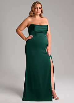 Azazie Saige Bridesmaid Dresses Emerald Sheath Off the Shoulder Stretch Satin Dress image17