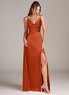 Azazie Sarella Bridesmaid Dresses Paprika A-Line with Pockets Metallic Satin Dress image3