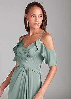 Azazie Dakota At-home Try On Dresses Emerald A-Line Off the Shoulder Stretch Satin Dress image5