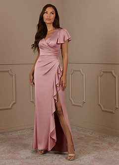 Azazie Roya Mère de la mariée Robes Robe Sirène en Satin extensible Col en V Plissé Rose Poussiéreuse image1