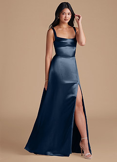 Azazie Hope Bridesmaid Dresses Dark Navy A-Line with Pockets Metallic Satin Dress image1