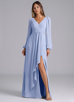 Azazie Liah 신부 들러리 드레스 A라인 긴팔 쉬폰 바닥 길이 드레스 image1