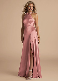 Azazie Clarice Vestidos de madrinha de casamento Vestir Rosa Empoeirada de Cetim Metálico de Linha A com Pescoço alto image1
