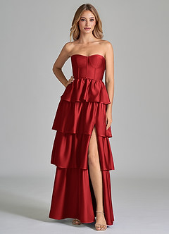 Azazie Faye Bridesmaid Dresses Pomegranate A-Line Ruched Stretch Satin Dress image3