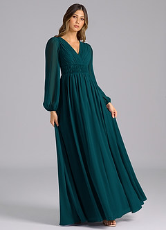 Azazie Palerma Bridesmaid Dresses Pine A-Line Long Sleeve Chiffon Dress image4