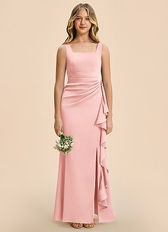 Azazie Adrienne Junior Powder Pink Sheath Pleated Stretch Satin Dress image3