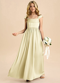 Azazie Hattie Junior Lemon Sorbet A-Line Pleated Stretch Satin Dress image4