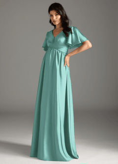 Azazie Verna vestidos de dama de honor de maternidad Vestido de Corte En A Volante Hasta el suelo Satén Elástico image4