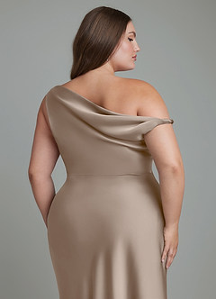 Azazie Emerson Bridesmaid Dresses Taupe Mermaid Off the Shoulder Stretch Satin Dress image4