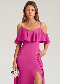 Azazie Jean Bridesmaid Dresses Fuchsia A-Line Off the Shoulder Stretch Satin Dress image6