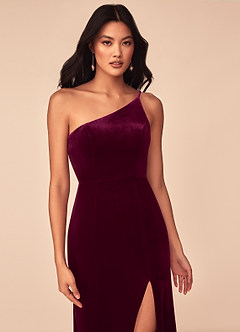 Azazie Kala Bridesmaid Dresses Cabernet A-Line One Shoulder Velvet Dress image5