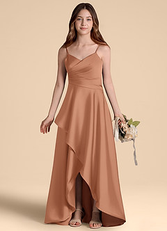 Azazie Prisha Junior Abito A-Line in Raso Elasticizzato Plissettato Bronzo image7