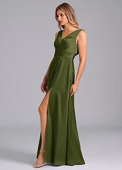 Azazie Karina Bridesmaid Dresses Bright Olive A-Line Pleated Stretch Satin Dress image3