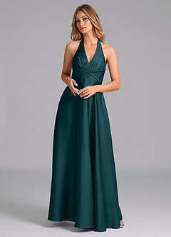 Azazie Tessie Bridesmaid Dresses Pine A-Line Pleated Stretch Satin Dress image1
