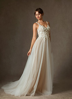 Azazie Shayna Wedding Dresses Diamond White Nude Ball-Gown Lace Dress image4