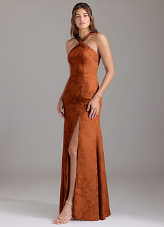 Azazie Rue Robes de demoiselle d'honneur Robe Trapèze en Blumen-Burnout Plissée Orange Brûlée image3