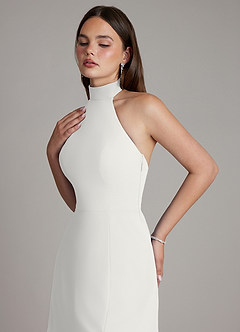 Azazie Myra Vestidos de damas de honor Vestido Blanco de Gasa de Línea A con Cuello alto image3