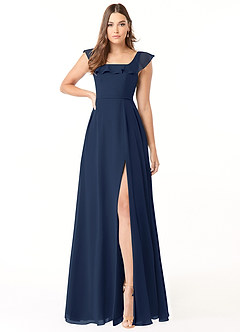 Azazie Jinny Vestidos de damas de honor Vestido de Azul Marino Oscuro de Gasa de Corte en A con Cuello Cuadrado Acanalado image1
