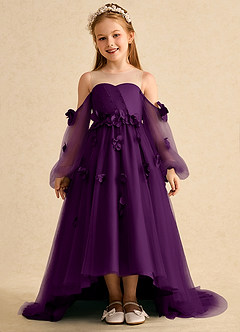 Azazie Karrie Flower Girl Dresses Grape A-Line with Sleeves Tulle Dress image1