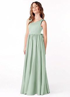 Azazie Hathaway Junior Agave A-Line Bow Matte Satin Dress image4
