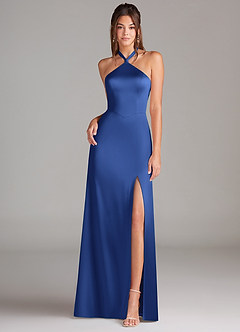 Azazie Elliana Bridesmaid Dresses Royal Blue A-Line Side Slit Stretch Satin Dress image4