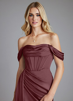 Azazie Amyra Bridesmaid Dresses Sangria Mermaid Off the Shoulder Stretch Satin Convertible Dress image4