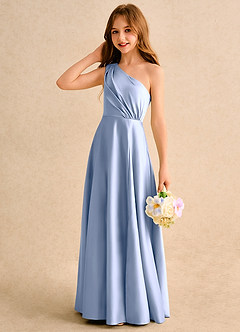 Azazie Puddles Girls Formal 플라워 걸 드레스 A라인 한쪽 어깨 매트 새틴 플로어 길이 드레스 image6