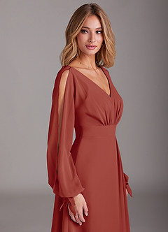 Azazie Matilda Bridesmaid Dresses Terracotta A-Line Long Sleeve Chiffon Dress image7
