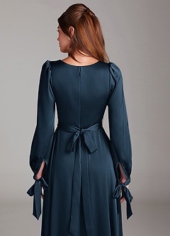 Azazie Leonia Bridesmaid Dresses Dark Navy A-Line Long Sleeve Stretch Satin Dress image7