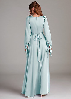 Azazie Leonia Bridesmaid Dresses Sea Glass A-Line Long Sleeve Stretch Satin Dress image2