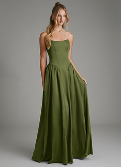 Azazie Arden Robes de demoiselle d'honneur Robe Trapèze en Satin extensible Corset Olive image1