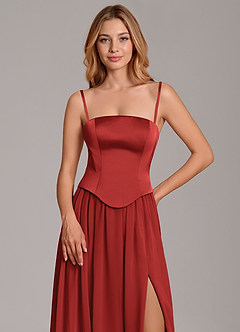 Azazie Cadence Bridesmaid Dresses Pomegranate A-Line Corset Stretch Satin Convertible Dress image2