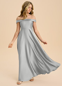 Azazie Sissy Junior Silver A-Line Off the Shoulder Stretch Satin Dress image5