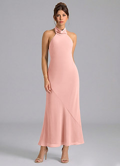 Azazie Velli Brautjungfernkleider Meerjungfrau-Linie Hoher Kragen Chiffon Kleid Rosettenrosa image5