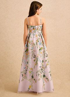 Azazie Lark Girls Formal Robe Demoiselle D'honneur Fillette Robe Trapèze en Dentelle Plissé Rose Pâle image3
